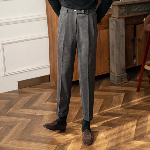 Mens Warm Wool Blend Pants, High Waisted Straight Leg Trousers