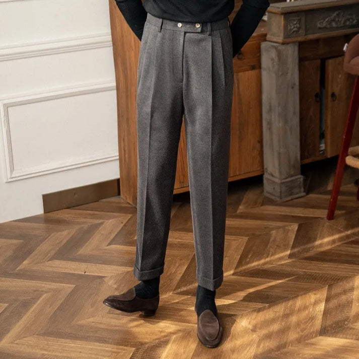 Mens Warm Wool Blend Pants, High Waisted Straight Leg Trousers